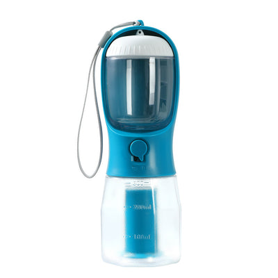 Purple 3-in-1 portable pet water bottle with food compartment, waste bag dispenser, and lanyard. - Image 7