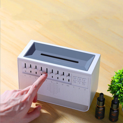 White noise simulation flame aromatherapy machine with multiple sound sliders, control buttons, and a perforated speaker grille. - Image 4