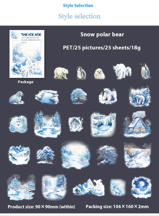 A set of 25 PET stickers featuring winter landscapes, ice castles, deer, wolves, and an ice queen in a snowy fantasy theme. - Image 14