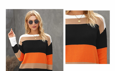 Suéter Mujer Otoño Invierno Rayas Contraste Cuello Redondo - Image 14