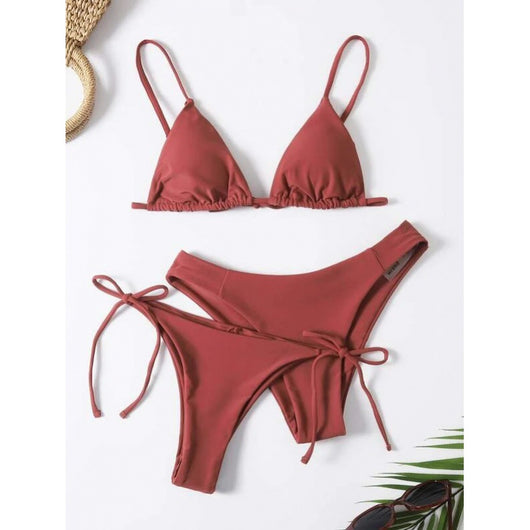 Lavender three-piece bikini set with a triangle top, tie-side bottom, and high-cut bottom, displayed with a straw hat and purple sunglasses. - Image 3