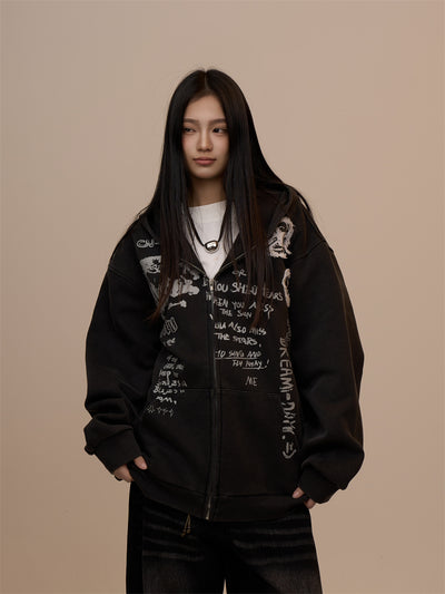 Sudadera Mujer con Capucha y Cierre - Estampado de Letras Negro - Image 13