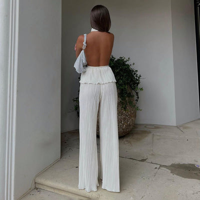 Conjunto de Pantalón Ancho Cintura Alta y Chaleco Plisado sin Mangas - Blanco - Image 4
