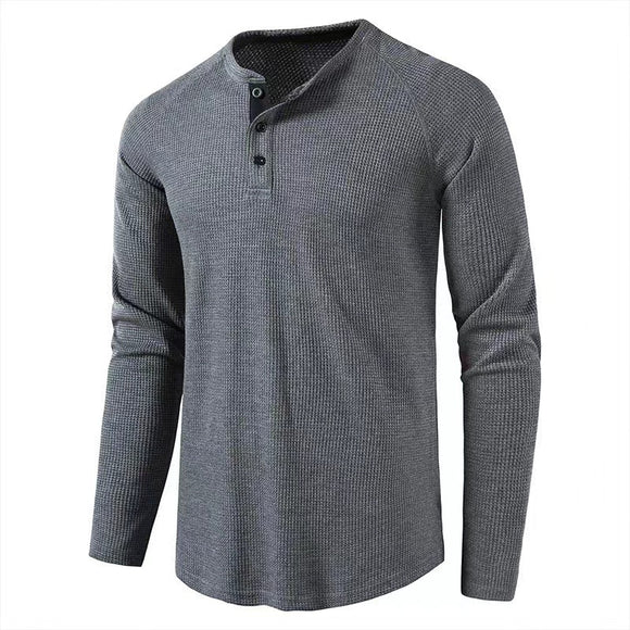 Camiseta Henley Waffle Hombre Manga Larga Cuello Redondo Slim Fit Peso Pesado