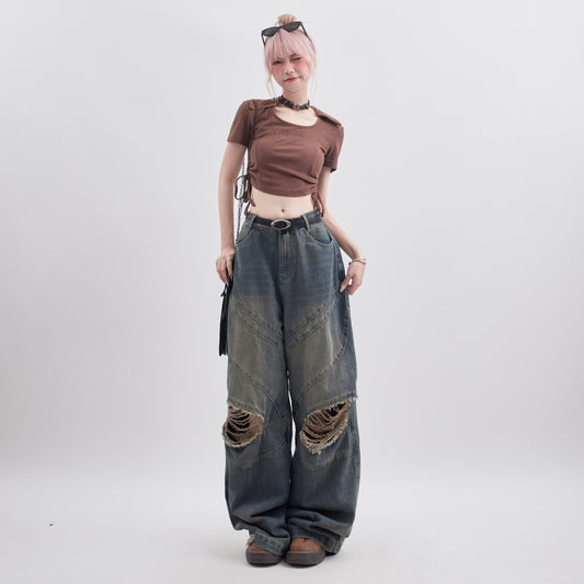 Pantalones Rectos Sueltos Rotos Estilo Retro para Mujer - Image 2