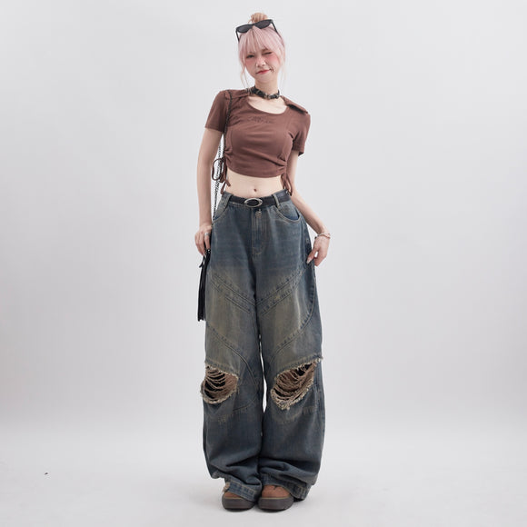 Pantalones Rectos Sueltos Rotos Estilo Retro para Mujer