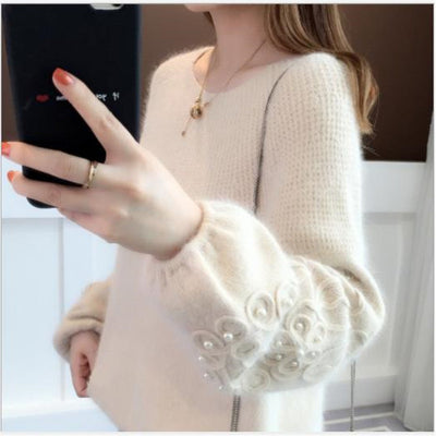 Suéter Tejido Corto para Mujer Talla Grande con Flores de Cuentas y Capas Delicadas - Image 4