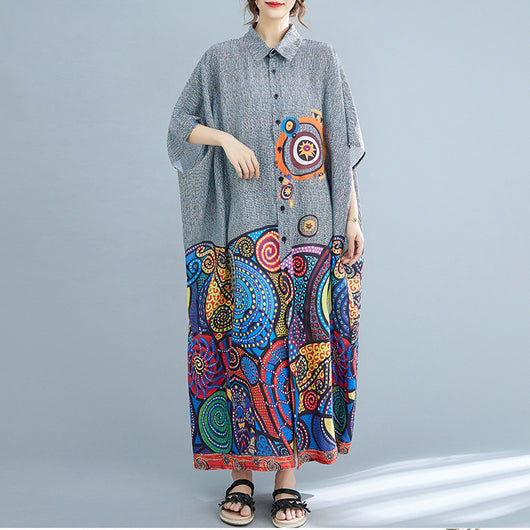 Vestido Camisero Artístico Talla Grande con Estampado Verano