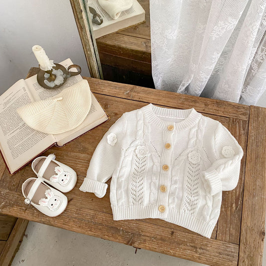 Chaqueta de Punto Tejida a Mano con Flores para Bebé Niña - Algodón Puro
