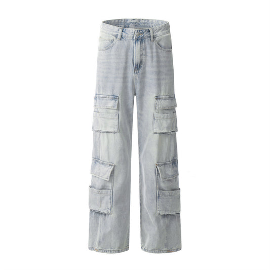 Overol Denim Claro para Hombre con Múltiples Bolsillos y Corte Recto Ancho
