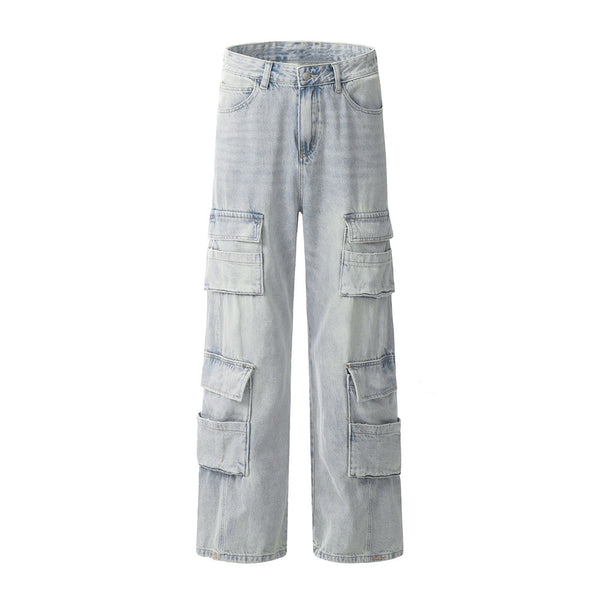Overol Denim Claro para Hombre con Múltiples Bolsillos y Corte Recto Ancho