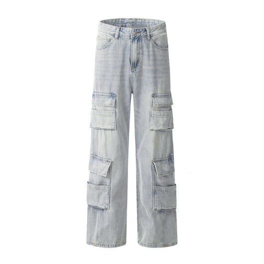 Overol Denim Claro para Hombre con Múltiples Bolsillos y Corte Recto Ancho