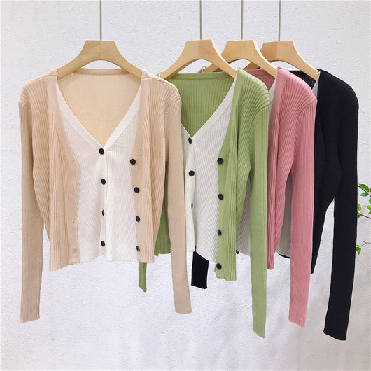 Cardigan Tejido Falsa Dos Piezas Mujer Cuello V Manga Larga - Image 42