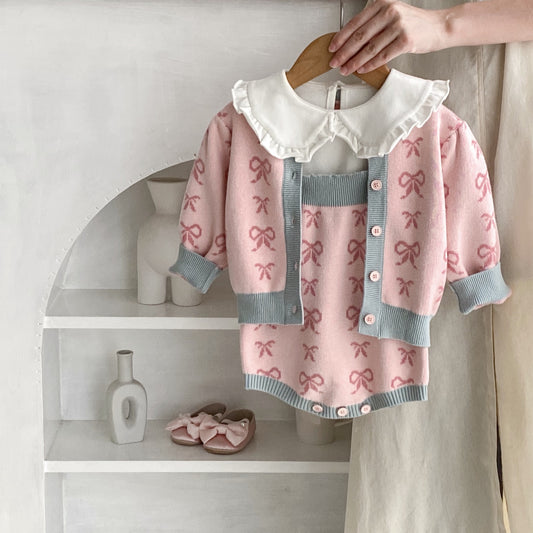 Cardigan Romper de Punto con Cuello Concha y Moño - Manga Larga - Image 2