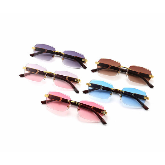 Frameless sunglasses with pink gradient lenses and dark brown wood-look temples with gold-tone accents. - Image 15