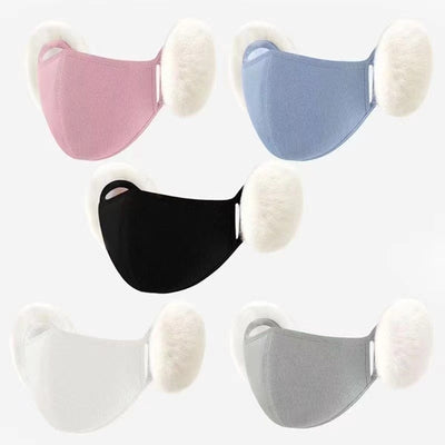 Pink ear-mounted warm mask with plush off-white ear protection, made from cotton for winter and autumn. - Image 11