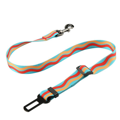 Red pet seat belt with reflective stitching, featuring a metal swivel clip and a black car seat belt buckle. - Image 24