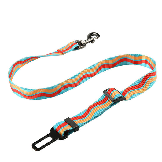 Red pet seat belt with reflective stitching, featuring a metal swivel clip and a black car seat belt buckle. - Image 24