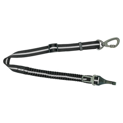 Black reflective pet car seat belt with elastic buffer, seat belt buckle, and metal carabiner clip. - Image 11