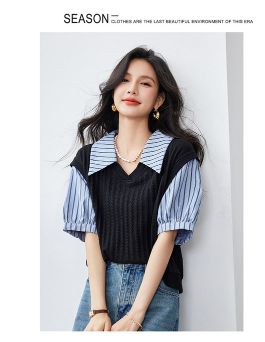 Blusa Esbeltecedora de Dos Piezas con Rayas y Mangas Puff - Image 10