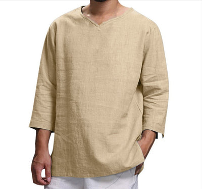 Camisa Holgada de Algodón y Lino con Cuello V - Manga Larga para Hombre - Image 2