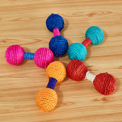 Five colorful sisal dumbbell-shaped cat toys in blue, pink, teal, orange, and red on a light wood surface. - Image 3