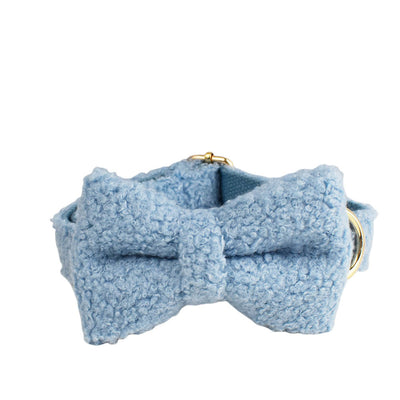 Light blue teddy bear textured dog collar and matching leash set with gold-colored hardware. - Image 13