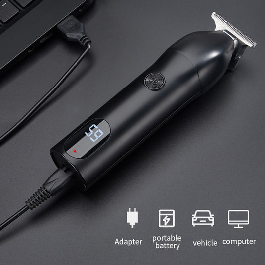 Professional electric hair clipper with a colorful graffiti design, digital display, and a set of guide combs.