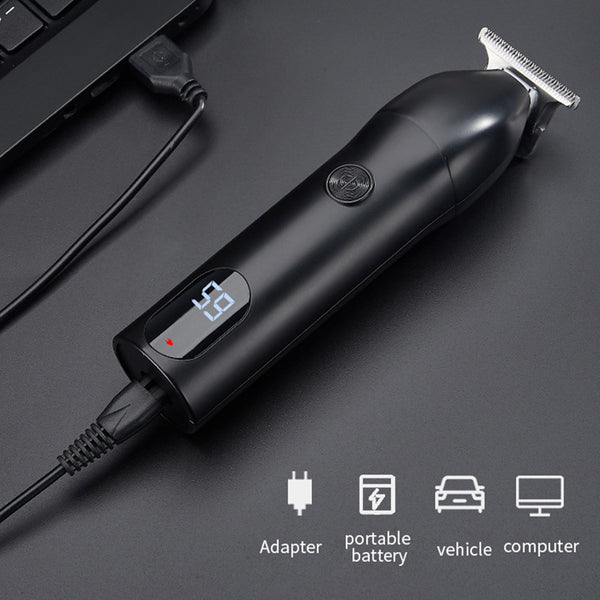 Professional electric hair clipper with a colorful graffiti design, digital display, and a set of guide combs.