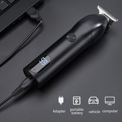 Professional electric hair clipper with a colorful graffiti design, digital display, and a set of guide combs.