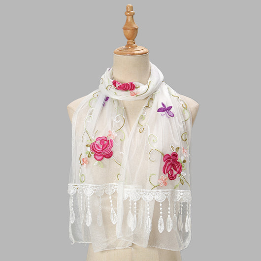 Pañuelo Floral Doble Capa con Bordado y Flecos para Mujer - Image 3