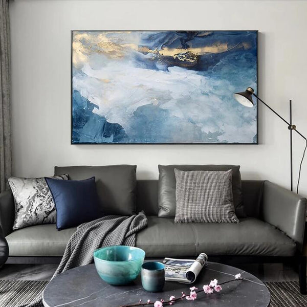 Cuadro de Arte Abstracto Moderno: Hojas Doradas y Río Azul