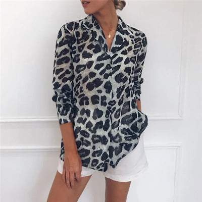 Blusa Vintage Leopardo Manga Larga Cuello Solapa Oficina Talla Grande - Image 16