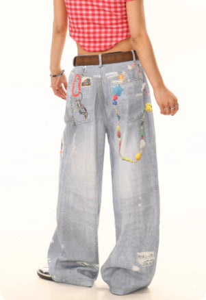 Jeans Holgados Estilo Americano con Estampado de Cadena para Mujer - Image 3