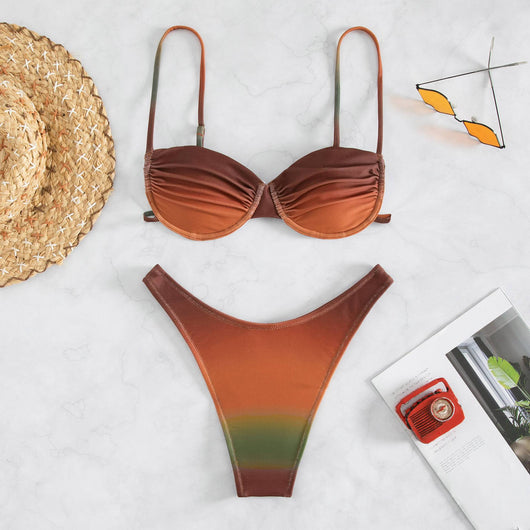 Gradient brown, orange, and green two-piece bikini swimsuit with a bandeau top and high-cut thong bottom. - Image 16