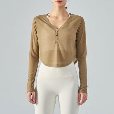 Blusa Yoga Suelta Cuello V Manga Larga con Efecto Drapeado - Image 7
