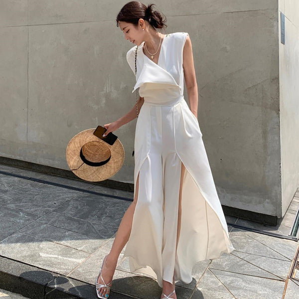 Jumpsuit Elegante para Mujer con Escote V y Abertura Lateral