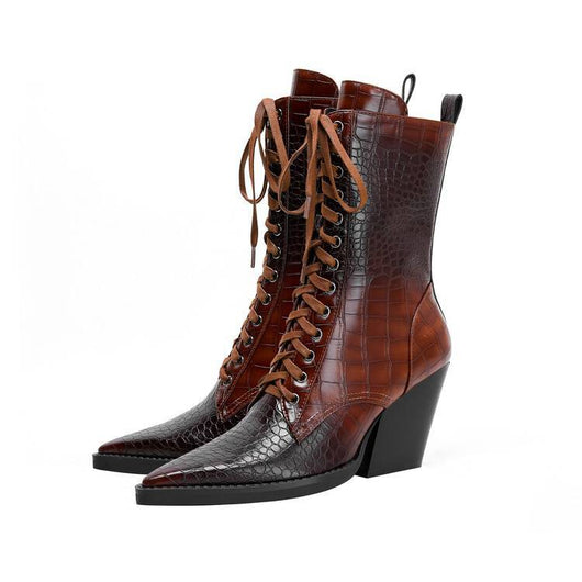 Botas Tacón Grueso Retro con Patrón de Piedra y Cordones - Estilo Fashion - Image 39