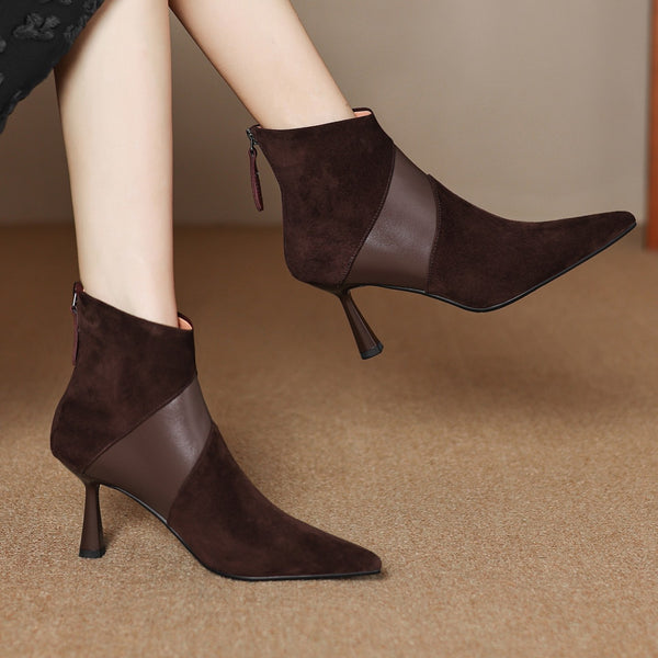 Botines Cortos Bicolor con Cuero Genuino y Tacón Fino