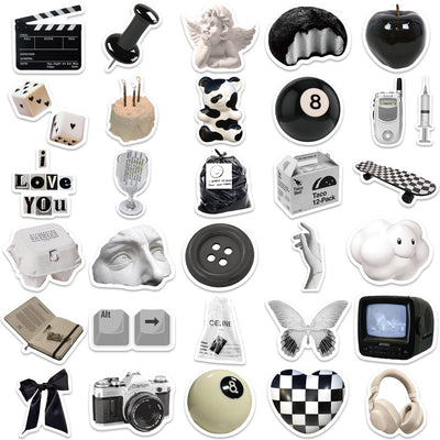 61 black and white aesthetic stickers featuring various objects like cameras, cats, skulls, and text for personalization. - Image 14