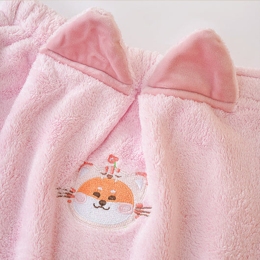 Pink coral fleece bath towel set with cartoon animal faces, including a hooded dry hair cap, a bath skirt, and a headband. - Image 13