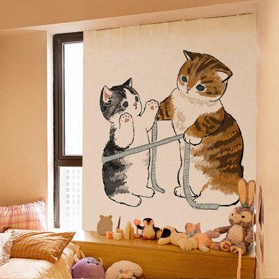 Cute cartoon curtain featuring a grey tabby kitten riding on a brown Shiba Inu puppy, with punch-free Velcro installation. - Image 7