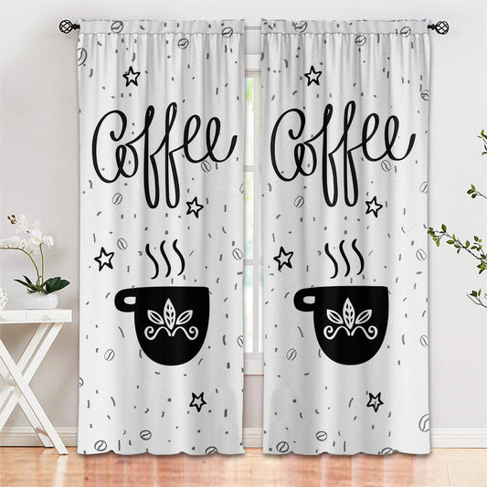 White polyester curtains with a black and white cartoon coffee print, featuring "Coffee" script, steaming cups, and scattered beans and stars.