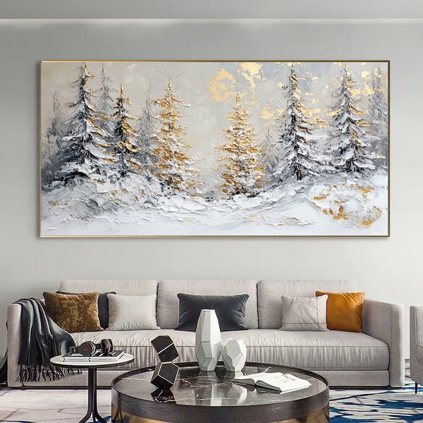 Cuadro Óleo Artesanal Escena Invernal Navideña con Pinos Dorados para Decoración del Hogar