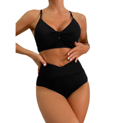 Black ribbed two-piece bikini set with a twisted front top and high-waisted V-front bottom. - Image 5