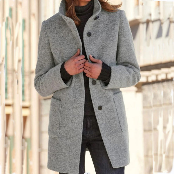Abrigo de Lana con Cuello de Pie y Bolsillos - Casual para Otoño Invierno