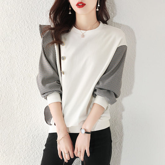Sudadera Coreana Cuadrillé con Mangas Fruncidas y Costuras de Diseño