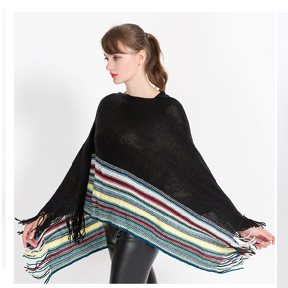 Poncho Pullover Jacquard a Rayas con Bloques de Color