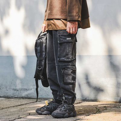 Pantalones Cargo Denim Desgastado con Cordón Ajustable - Image 8