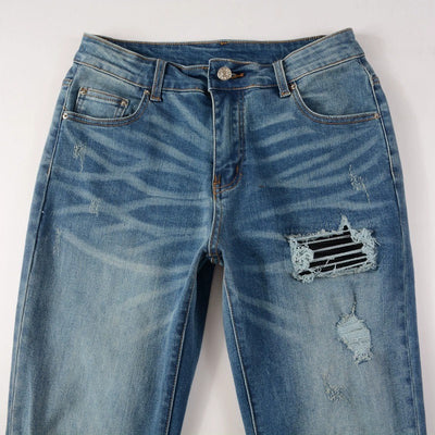 Jeans Vintage Desgastados con Parches de Cuero y Diseño Patchwork para Hombre - Image 7